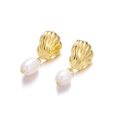 Gold-Plated Shell Stainless Earrings with Pearl Pendant Jewelry
