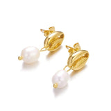 Gold-Plated Shell Stainless Earrings with Pearl Pendant Jewelry