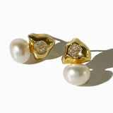 Peri'sbox Gold Triangle Cz Freshwater Pearl Stud Earrings