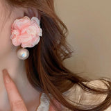 Fabric Art Flower Pearl Earrings Pink Stud Earring Jewelry