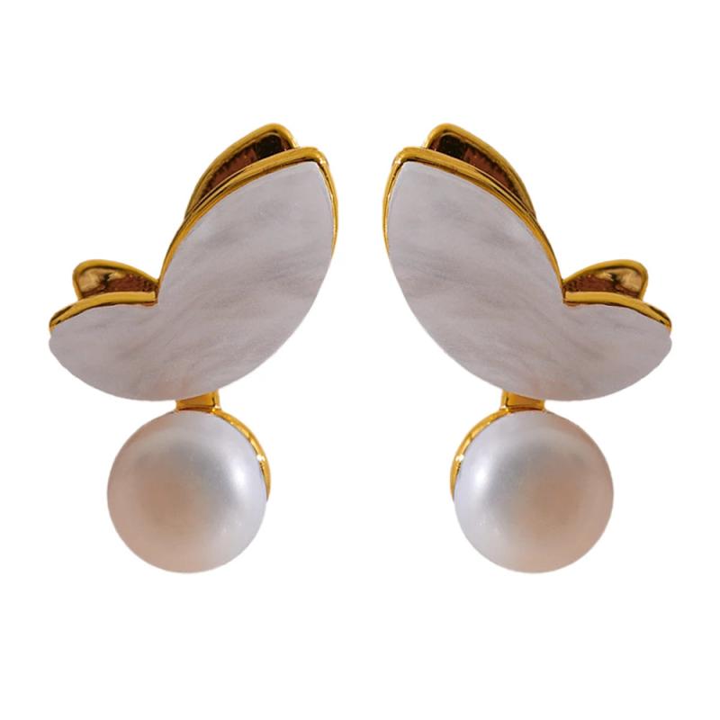 Delicate Small Stud Earrings Natural Pearls Butterfly Charm Prevent Allergy
