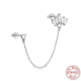 925 Silver Double Studs Earrings Clear Zircon Tassel Earrings