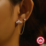 925 Silver Double Studs Earrings Clear Zircon Tassel Earrings