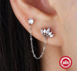 925 Silver Double Studs Earrings Clear Zircon Tassel Earrings