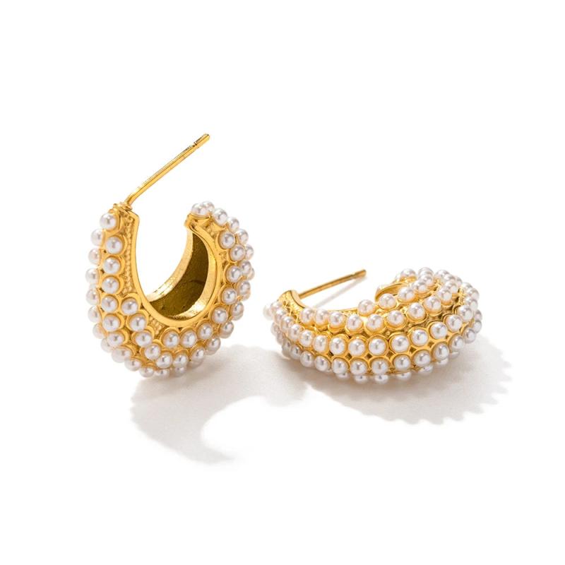 Uworld Stainless Steel Pearl Earring Full CZ Stone CC Hoop Jewelry