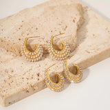 Uworld Stainless Steel Pearl Earring Full CZ Stone CC Hoop Jewelry