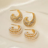 Uworld Stainless Steel Pearl Earring Full CZ Stone CC Hoop Jewelry