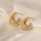 Uworld Stainless Steel Pearl Earring Full CZ Stone CC Hoop Jewelry