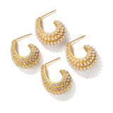 Uworld Stainless Steel Pearl Earring Full CZ Stone CC Hoop Jewelry