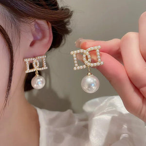 Double Letter D High Pearl Setting Earrings for Women