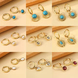 Geometric Turquoise CZ Pearl Charm Hoops Earrings Stainless Steel