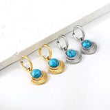 Geometric Turquoise CZ Pearl Charm Hoops Earrings Stainless Steel