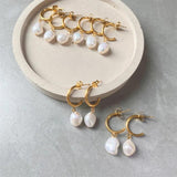 Baroque Pearl Pendant Earrings Stainless Steel Large Hoop Drop for Women