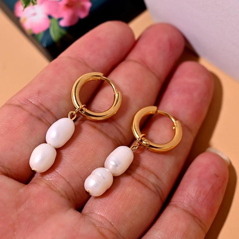 Stainless Steel Hoop Earring with Freshwater Pearl Dangle
