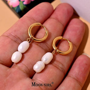 Stainless Steel Hoop Earring with Freshwater Pearl Dangle