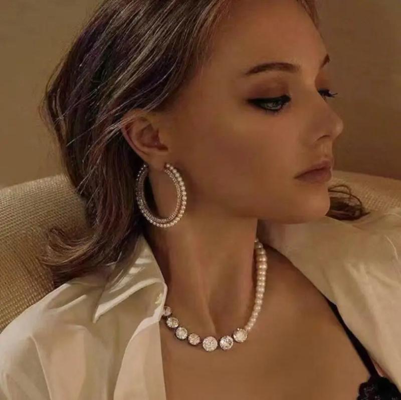 Stainless Steel Pearl Hoop Earrings for Women Statement Party Jewelry