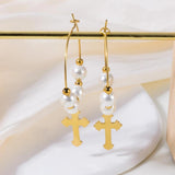 Stainless Steel Cross Pearl Hoop Earrings