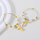 Stainless Steel Cross Pearl Hoop Earrings