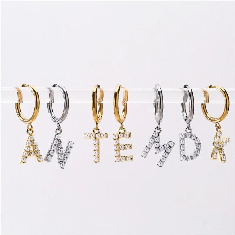 Dangle Hoop Earrings Stainless Steel Pearl Huggi