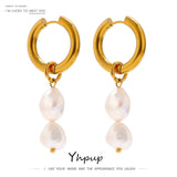 Stainless Steel Pearl Hoop Earrings Metal Texture Geometric Jewelry