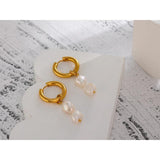 Stainless Steel Pearl Hoop Earrings Metal Texture Geometric Jewelry