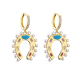 HECHENG Pearl Earring, Horseshoe Pendant Colorful Earrings for Women