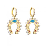 HECHENG Pearl Earring, Horseshoe Pendant Colorful Earrings for Women