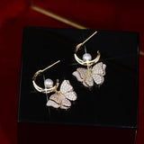3D Butterfly Pearl Zircon Earrings Lady Ear Stud Gift