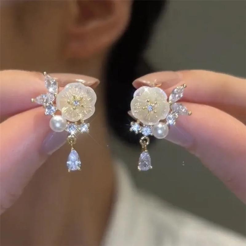 Korean Shell Flower Crystal Earrings Lady Pearl Butterfly Water Drop Earring