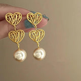 French Style Metal Heart Pearl Drop Earrings Women Long Dangle Jewelry Gift