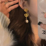 French Style Metal Heart Pearl Drop Earrings Women Long Dangle Jewelry Gift