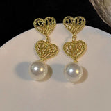 French Style Metal Heart Pearl Drop Earrings Women Long Dangle Jewelry Gift