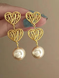 French Style Metal Heart Pearl Drop Earrings Women Long Dangle Jewelry Gift