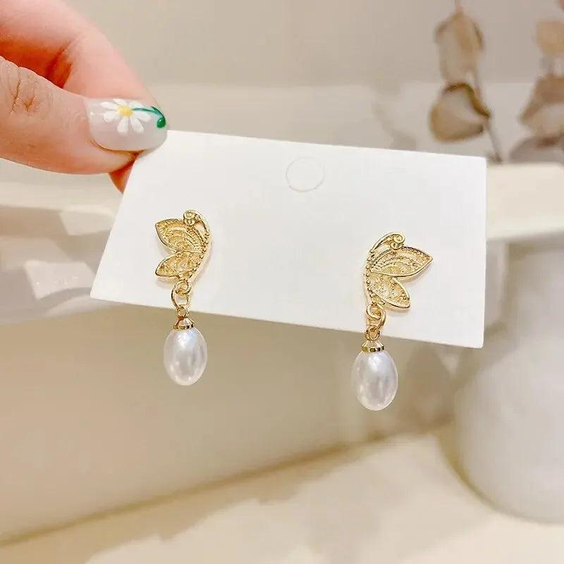 French Style Pearl Butterfly Earrings High-End Women Dance Electroplated