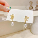 French Style Pearl Butterfly Earrings High-End Women Dance Electroplated