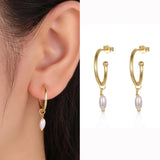 Golden Pearl Hoop Earrings 925 Sterling Silver Wedding Jewelry