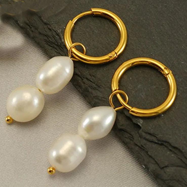 Floral Pearl Hoop Earrings Stainless Steel Waterproof