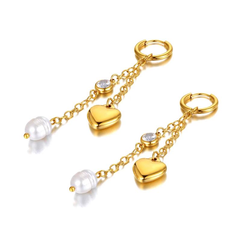 Cultured Pearl Hoop Earrings Stainless Steel CZ Crystal Heart Wedding Earring