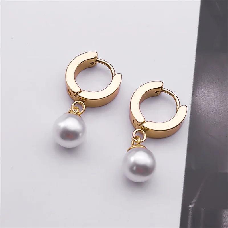 Pearl Studs Hoop Earrings Stainless Steel Minimalist Tiny Hoops Wedding Gift