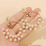 Geometric Pearl Insect Bee Hoop Earrings Round Beaded Alloy Jewelry