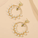 Geometric Pearl Insect Bee Hoop Earrings Round Beaded Alloy Jewelry