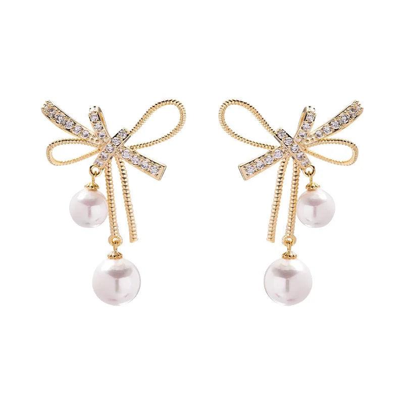 Metal Bowknot Women Dangle Earrings Pearl Jewelry