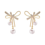 Metal Bowknot Women Dangle Earrings Pearl Jewelry
