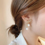 Metal Bowknot Women Dangle Earrings Pearl Jewelry