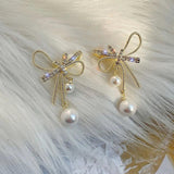 Metal Bowknot Women Dangle Earrings Pearl Jewelry