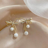 Metal Bowknot Women Dangle Earrings Pearl Jewelry