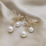 Metal Bowknot Women Dangle Earrings Pearl Jewelry