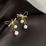Metal Bowknot Women Dangle Earrings Pearl Jewelry