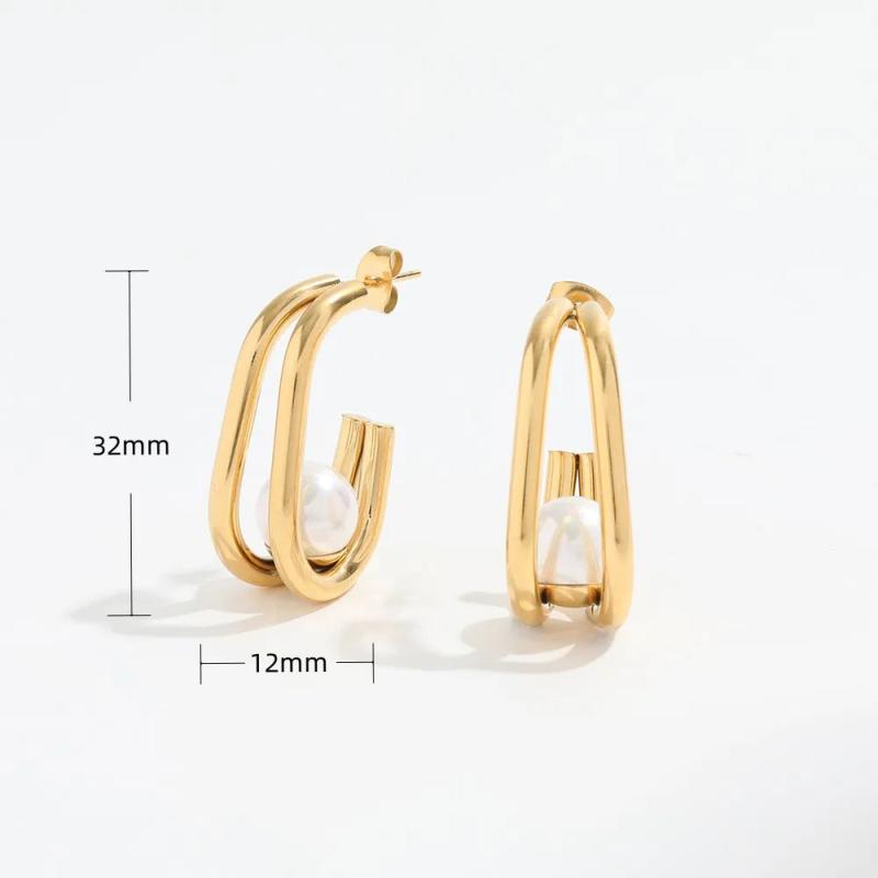 Double Layered Hoop Stainless Steel Earring with Big Pearl
