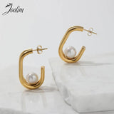 Double Layered Hoop Stainless Steel Earring with Big Pearl